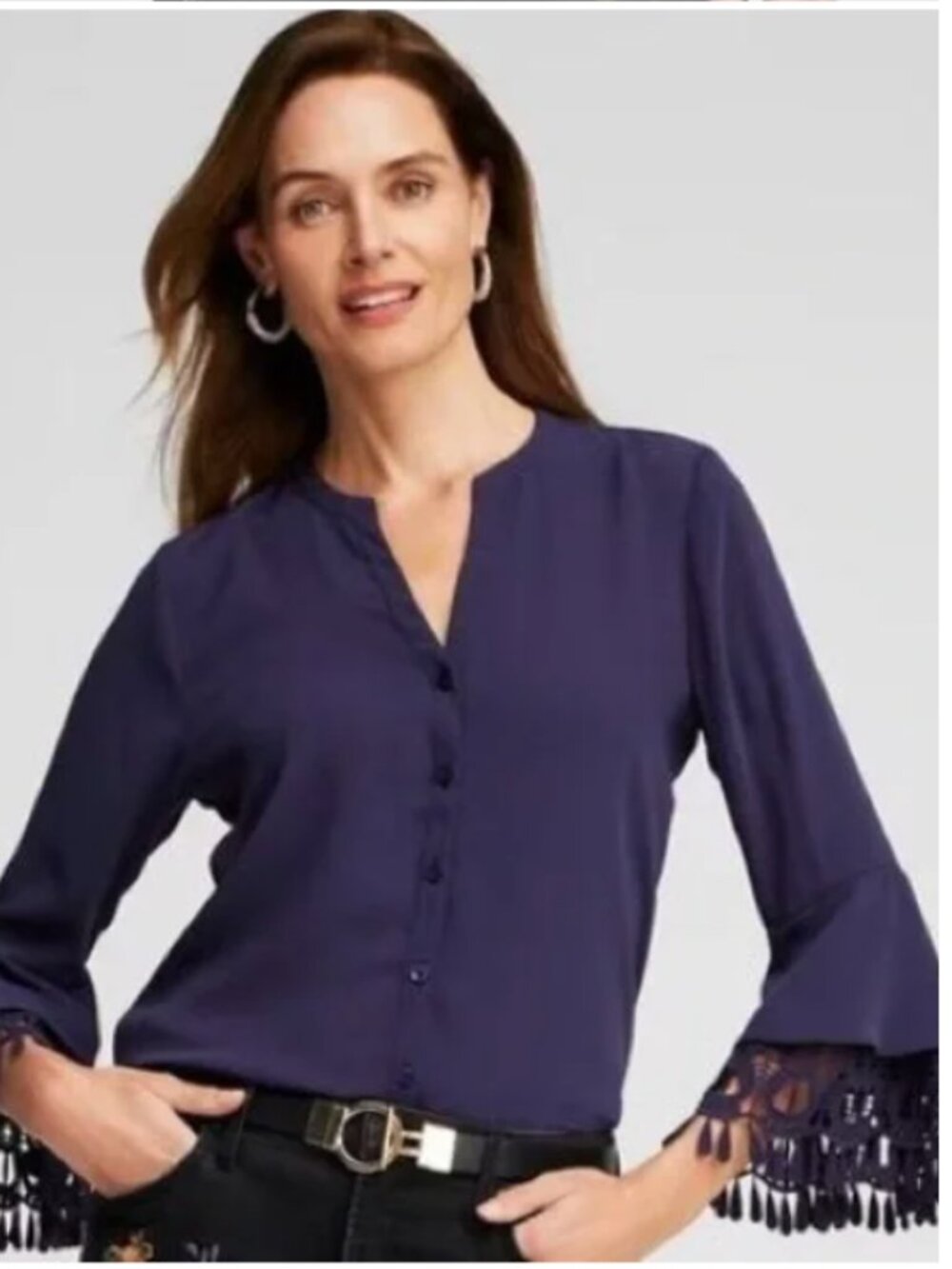 Chico's Purple Tiered Lace Flare Sleeve Blouse 14 Dewberry V-neck Casual NWT